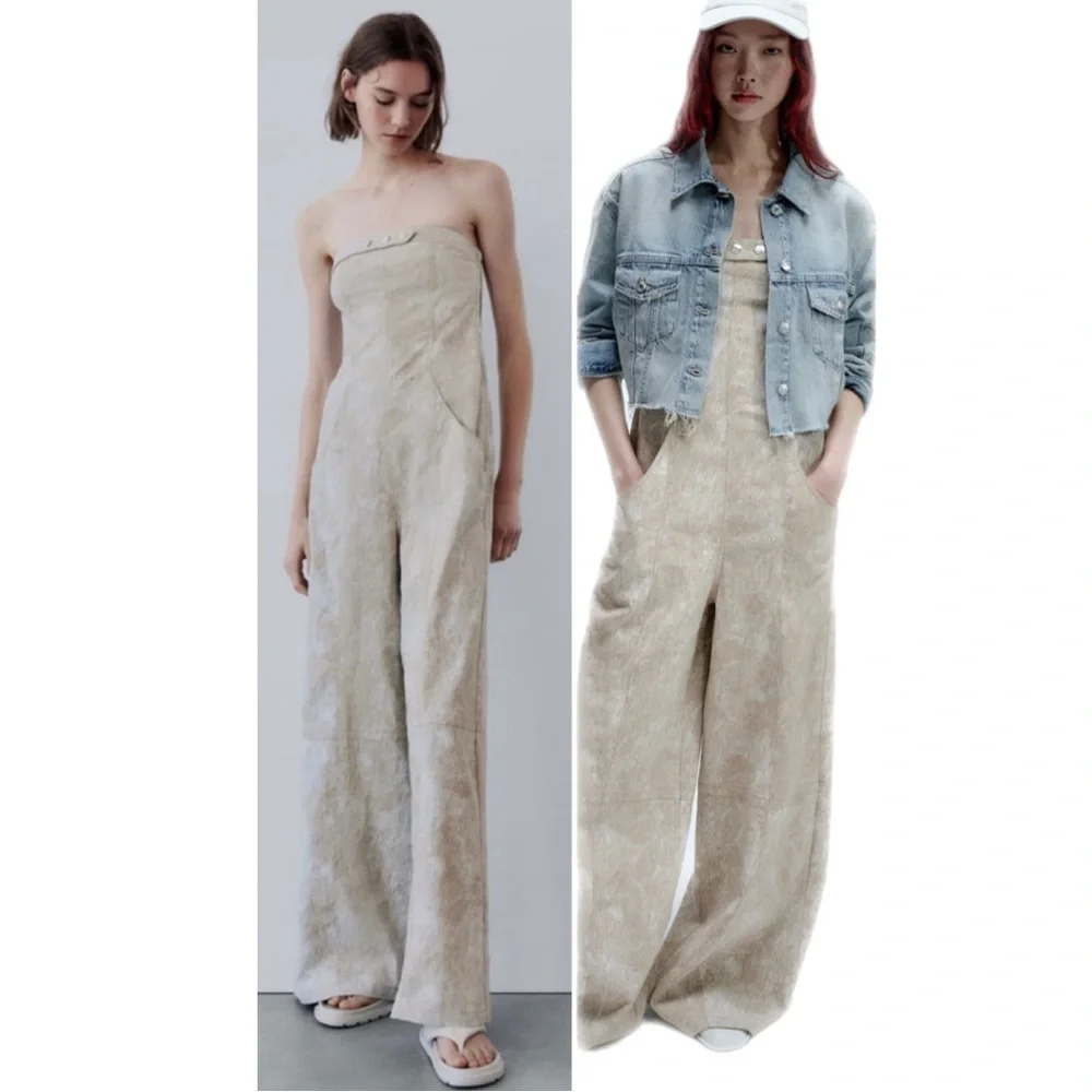 Zara Beige Printed Linen Blend Wide Leg Jumpsuit size small